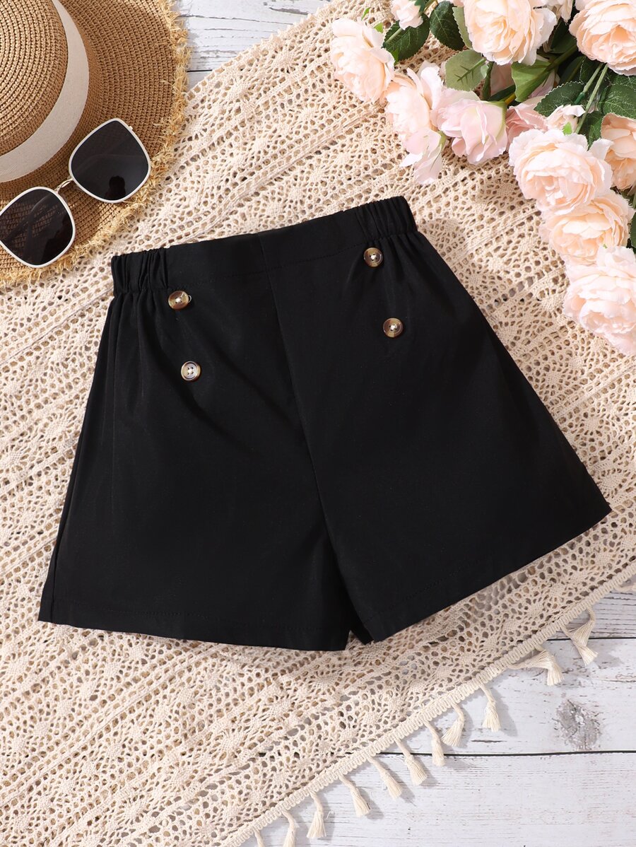 Girls Button Detail Shorts - Black - View 1
