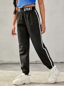 SHEIN Girls Letter Tape Panel Contrast Tape Trousers - Black - View 1
