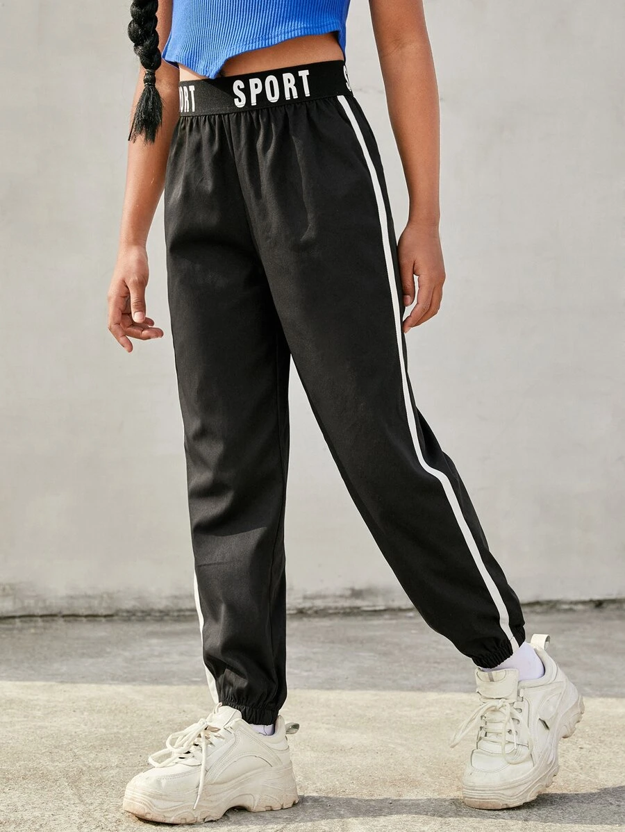 SHEIN Girls Letter Tape Panel Contrast Tape Trousers - Black - View 1