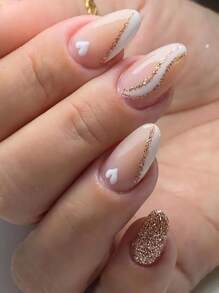 Upgrade Your Look with 24pcs Long Almond White Line Golden Glitter Heart Pattern Fake Nail & 1sheet Tape & 1pc Nail File - Multicolor - View 1