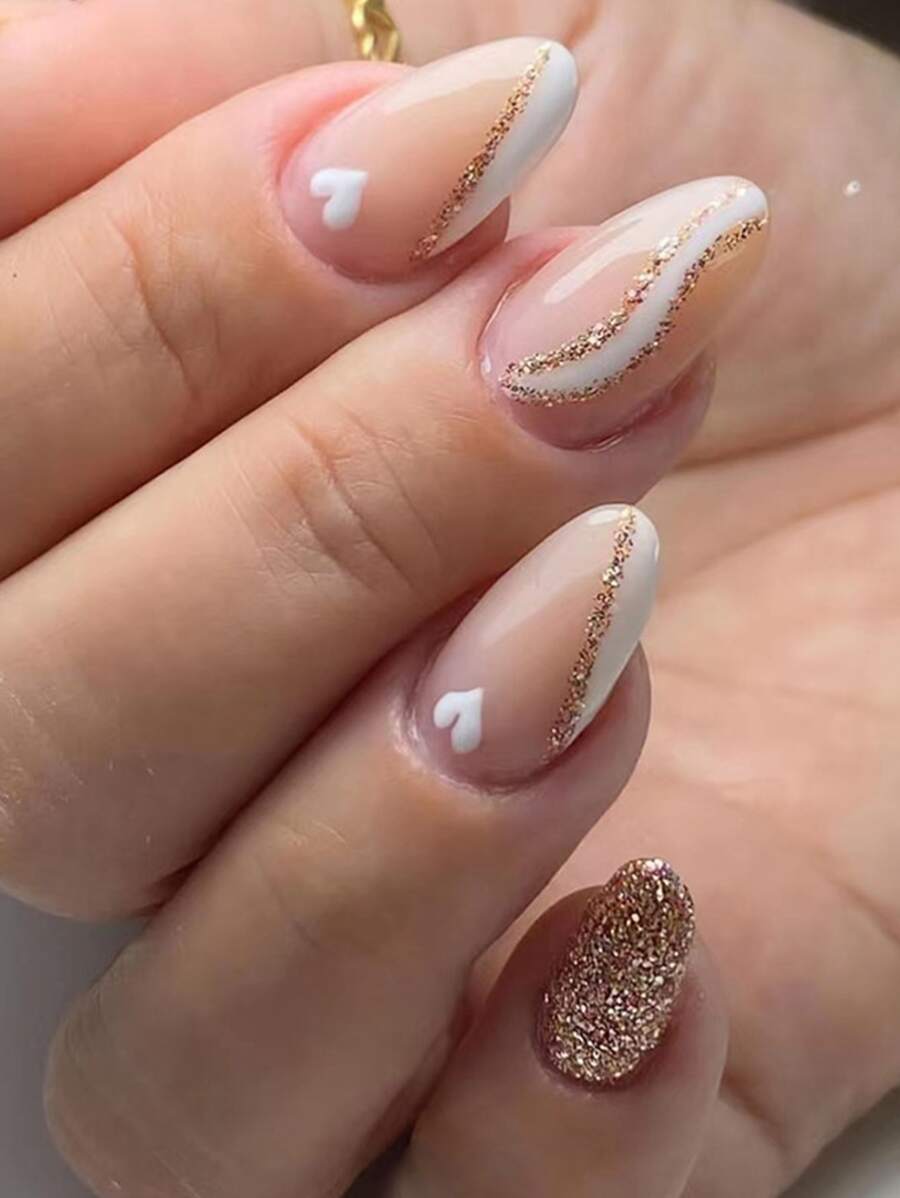 Upgrade Your Look with 24pcs Long Almond White Line Golden Glitter Heart Pattern Fake Nail & 1sheet Tape & 1pc Nail File - Multicolor - View 1