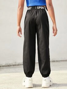 SHEIN Girls Letter Tape Panel Contrast Tape Trousers - Black - View 2