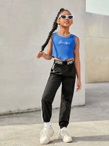 SHEIN Girls Letter Tape Panel Contrast Tape Trousers - Black - View 4