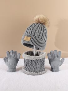 幼童絨球裝飾豆豆帽和圍脖和手套 - 灰色 - 查看 2