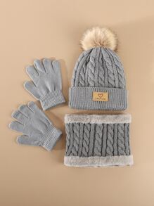 幼童絨球裝飾豆豆帽和圍脖和手套 - 灰色 - 查看 3