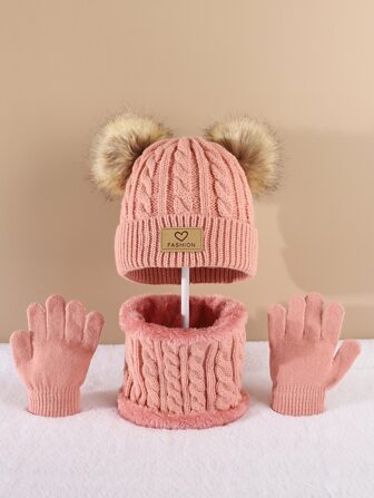 1 Set Kids Knitted Pom Pom Hat, Scarf And Gloves Set, Outdoor Casual Fashion, Thermal Lined, Soft & Comfortable, Suitable For Daily Wear, Autumn/Winter