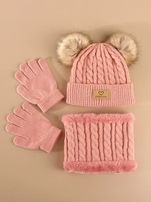 1 Set Kids Knitted Pom Pom Hat, Scarf And Gloves Set, Outdoor Casual Fashion, Thermal Lined, Soft & Comfortable, Suitable For Daily Wear, Autumn/Winter - Pink - View 3