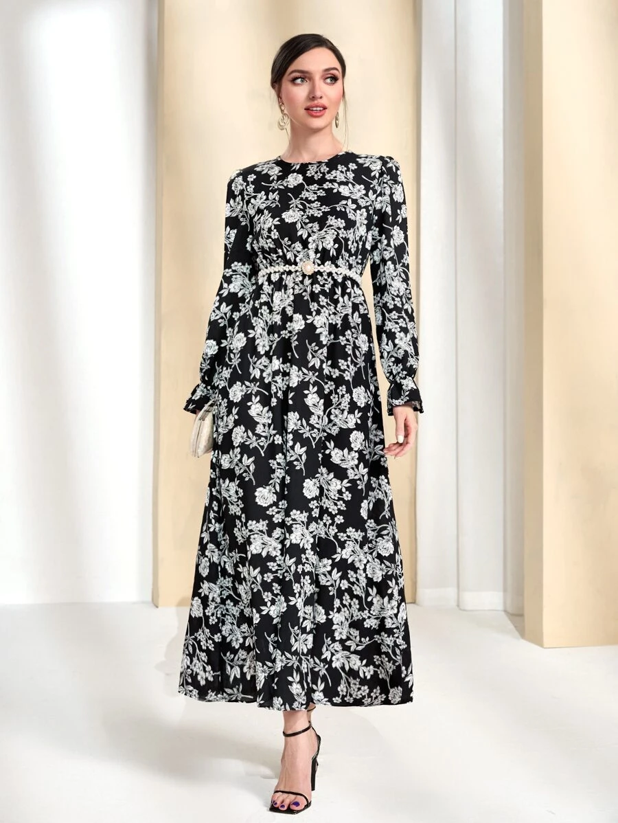 Modelyn Vestido con estampado floral bajo con fruncido sin cinturón - Blanco y Negro - Ver 1