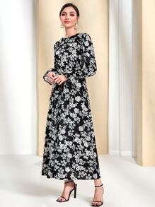 Modelyn Vestido con estampado floral bajo con fruncido sin cinturón - Blanco y Negro - Ver 3