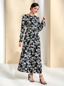 Modelyn Vestido con estampado floral bajo con fruncido sin cinturón - Blanco y Negro - Ver 4