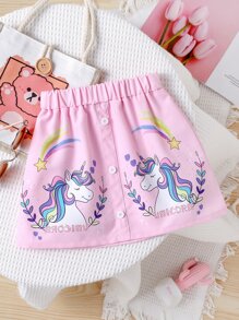 小女童獨角獸印花前紐扣半身裙 - 粉色 - 查看 1