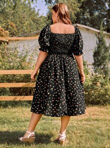 SHEIN Clasi Plus Ditsy Floral Print Shirred Bodice Square Neck Puff Sleeve Dress - Multicolor - View 2