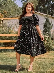 SHEIN Clasi Plus Ditsy Floral Print Shirred Bodice Square Neck Puff Sleeve Dress - Multicolor - View 1