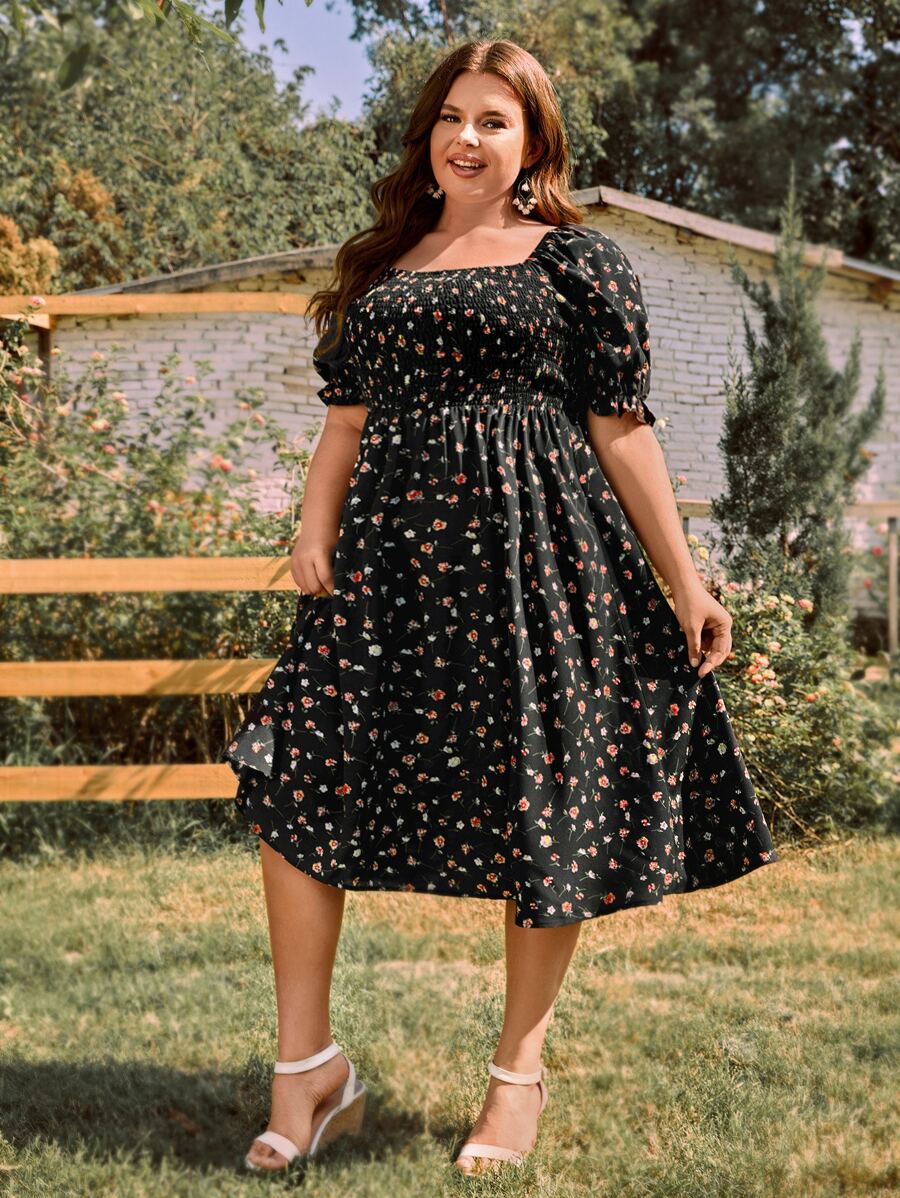 SHEIN Clasi Plus Ditsy Floral Print Shirred Bodice Square Neck Puff Sleeve Dress - Multicolor - View 1