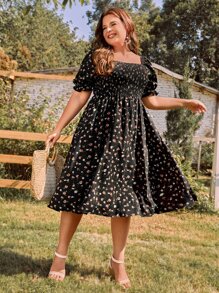SHEIN Clasi Plus Ditsy Floral Print Shirred Bodice Square Neck Puff Sleeve Dress - Multicolor - View 5