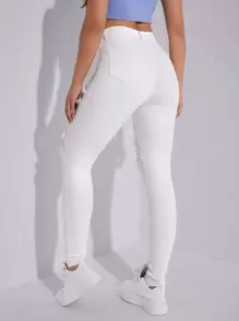 SHEIN EZwear 高腰破洞鏤空緊身牛仔褲 - 白色 - 查看 3