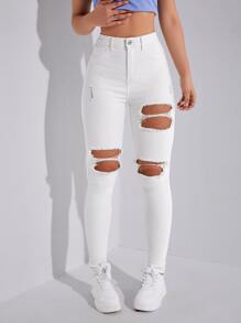 SHEIN EZwear 高腰破洞鏤空緊身牛仔褲 - 白色 - 查看 5