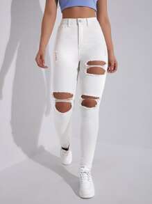 SHEIN EZwear 高腰破洞鏤空緊身牛仔褲 - 白色 - 查看 6