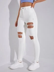 SHEIN EZwear 高腰破洞鏤空緊身牛仔褲 - 白色 - 查看 7