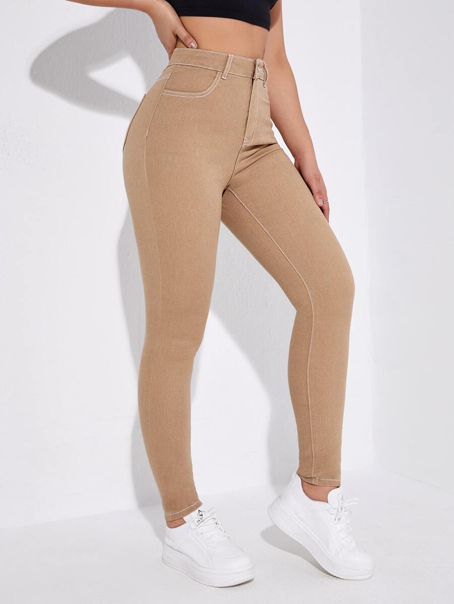 SHEIN Essnce High Waist Skinny Jeans - Khaki - View 1