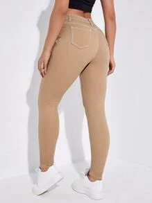 SHEIN Essnce High Waist Skinny Jeans - Khaki - View 2