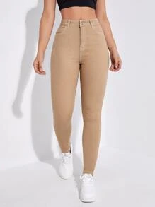 SHEIN Essnce High Waist Skinny Jeans - Khaki - View 3