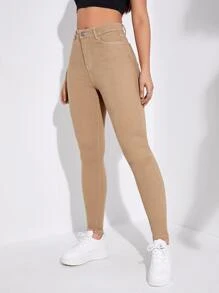 SHEIN Essnce High Waist Skinny Jeans - Khaki - View 4