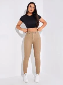 SHEIN Essnce High Waist Skinny Jeans - Khaki - View 6