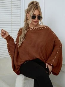 Breezaya Plus Pearls Beaded Batwing Sleeve Jumper - Coffee Brown - View 5