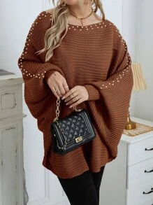 Breezaya Plus Pearls Beaded Batwing Sleeve Jumper - Coffee Brown - View 6