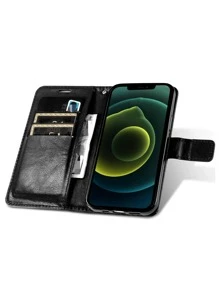 1pc PU Wallet Phone Case - Black - View 4