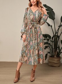 EMERY ROSE Paisley Print Lantern Sleeve Belted Dress - Multicolor - View 4