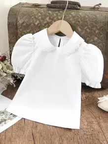 SHEIN 小女童提花蕾絲彼得潘領泡泡袖襯衫