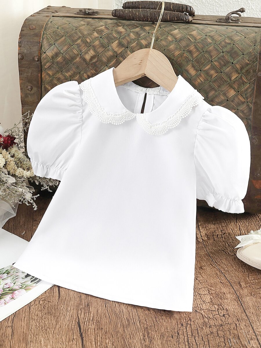 SHEIN 小女童提花蕾絲彼得潘領泡泡袖襯衫