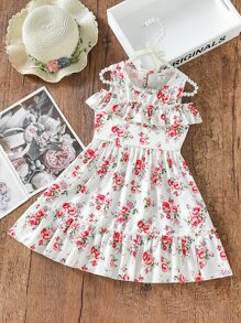Toddler Girls Allover Floral Print Ruffle Trim A-line Dress - White - View 1