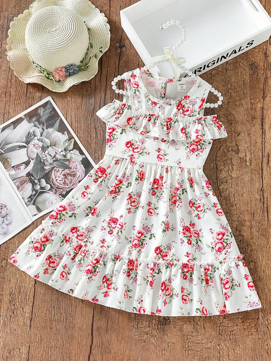 Toddler Girls Allover Floral Print Ruffle Trim A-line Dress - White - View 1