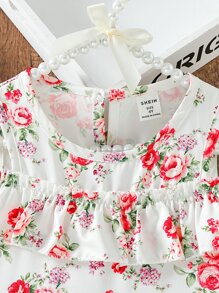 Toddler Girls Allover Floral Print Ruffle Trim A-line Dress - White - View 3