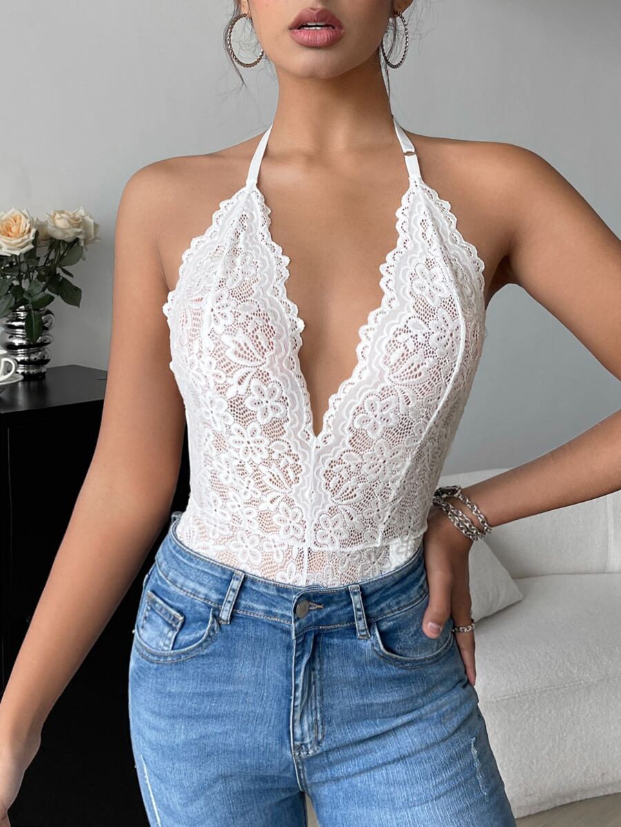 SHEIN Privé Floral Lace Halter Neck Backless Bodysuit - White - View 1
