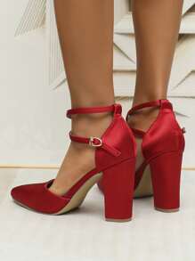 Neon Red Point Toe Chunky Heeled Satin Ankle Strap Pumps - Red - View 4