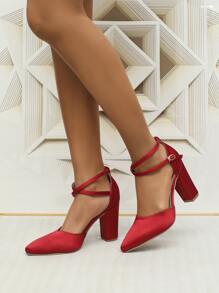 Neon Red Point Toe Chunky Heeled Satin Ankle Strap Pumps - Red - View 5
