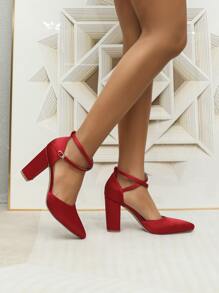 Neon Red Point Toe Chunky Heeled Satin Ankle Strap Pumps - Red - View 6