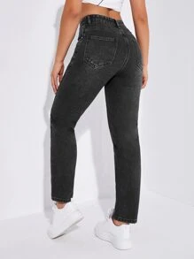 High Waist Mom Fit Jeans - Black - View 2