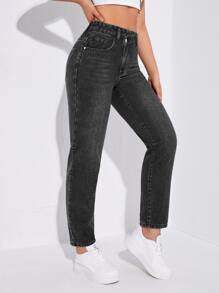 High Waist Mom Fit Jeans - Black - View 3