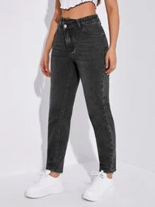 High Waist Mom Fit Jeans - Black - View 4