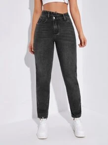 High Waist Mom Fit Jeans - Black - View 6