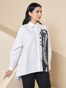 Mulvari Floral Print Fringe Trim Drop Shoulder Shirt - White - View 5