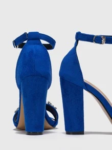 女士水鑽裝飾粗跟涼鞋,魅力四射露趾踝帶平底涼鞋 - 藍色 - 查看 8