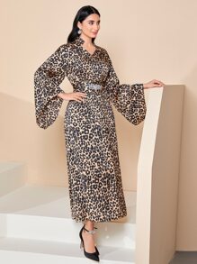 Modelyn 豹紋印花水鑽腰帶喇叭袖連衣裙 - 彩色 - 查看 4