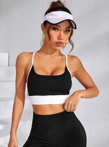 Seamless Crisscross Backless Colourblock Sports Bra - Black and White - View 6