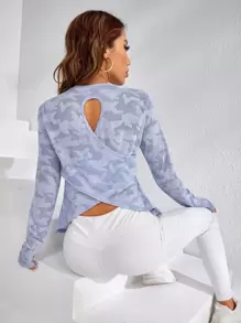 Easithlete Camo Print Wrap Cut Out Back Sports Tee - Blue - View 4